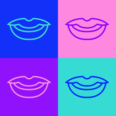 Pop art line Smiling lips icon isolated on color background. Smile symbol. Vector