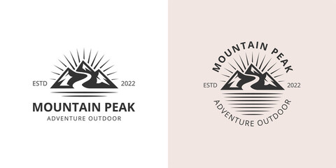 Minimalist Landscape Hills Mountain Peaks Vector logo design. mountain outdoors with sun sunrise logo © Agung