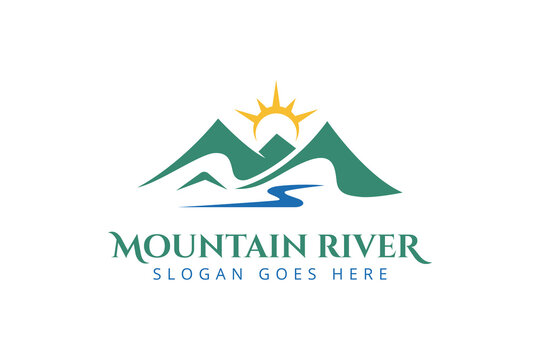 vector Mountain Peaks River Creek Simple logo design with sun icon, Minimalist Landscape Hills outdoor logo element