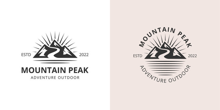 Minimalist Landscape Hills Mountain Peaks Vector logo design. mountain outdoors with sun sunrise logo