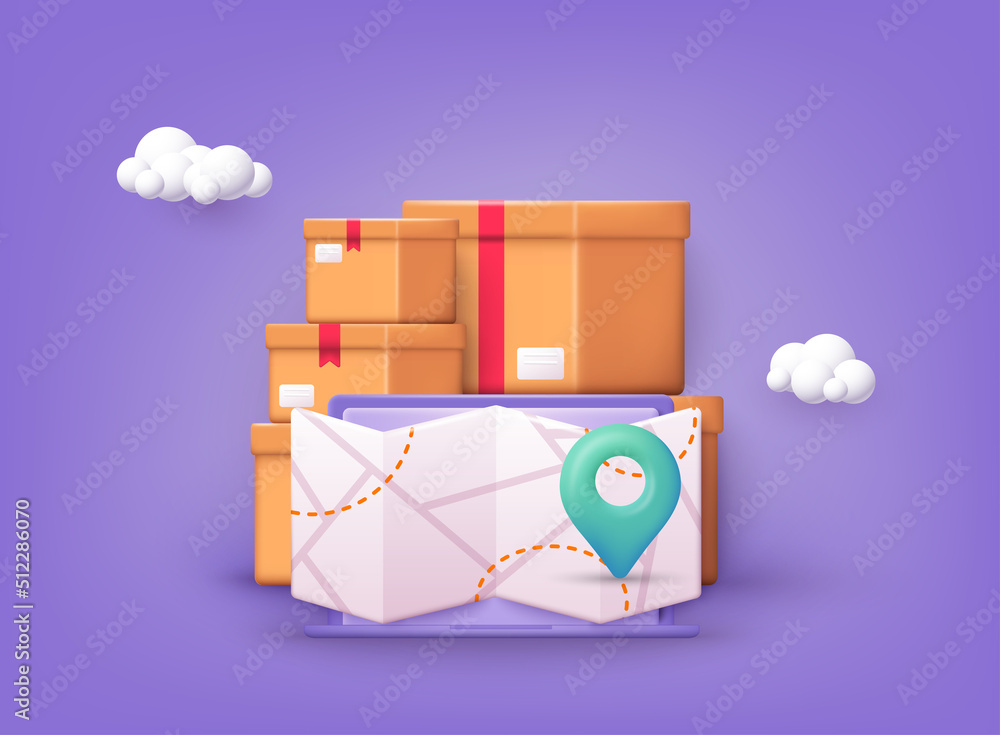 Poster map with delivery tracking. gps navigator pointer. 3d web vector illustrations.