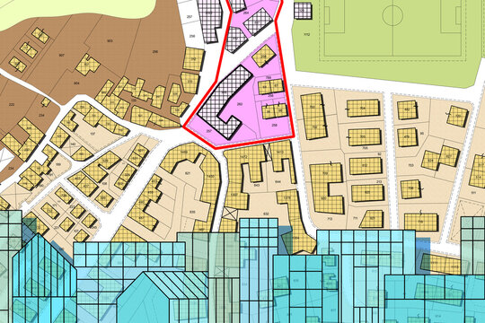 Imaginary cadastral map of territory and General Urban Plan with indications of urban destinations with buildings, roads, buildable areas and land plot with cityscape