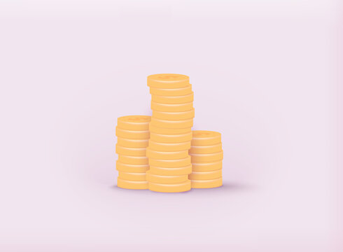 Gold coins cash money in piles, Isolated on white transparent background. 3D Web Vector Illustrations.