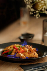 Gourmet meat meals assortment flat lay. Top view on restaurant table with menu of tasty grilled snacks. Concept for restaurant menu.