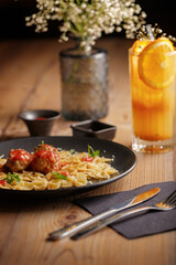 Gourmet meat meals assortment flat lay. Top view on restaurant table with menu of tasty grilled snacks. Concept for restaurant menu.