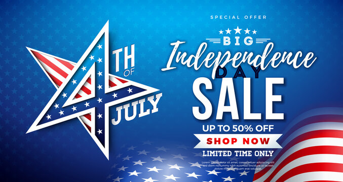Fourth of July Independence Day Sale Banner Design with American Flag Pattern 3d Star Symbol on Blue Background. USA National 4th of July Holiday Vector Illustration with Special Offer Typography