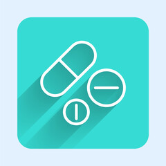 White line Medicine pill or tablet icon isolated with long shadow background. Capsule pill and drug sign. Pharmacy design. Green square button. Vector