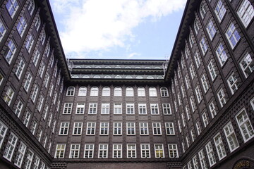 Courtyard of the Chile House. The Chilehaus (Chile House) is a ten-story office building in...
