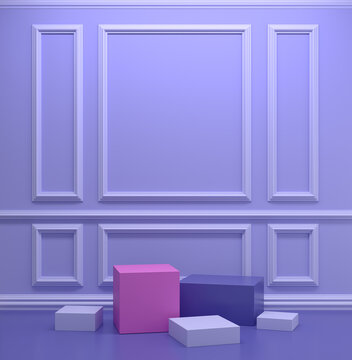 3D illustration of several product podium boxes over classic interior wall with moulding frames in modern color of very peri
