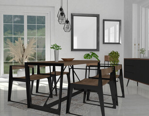 mock up Template 2 black picture frames on the wall in modern Dining room, 3D rendering, 3D illustration.