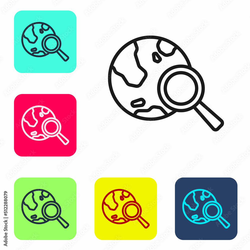 Poster black line magnifying glass with globe icon isolated on white background. analyzing the world. globa