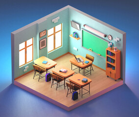 School classroom isometric. 3D illustration