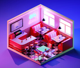 Isometric retro dinner interior concept. 3D illustration