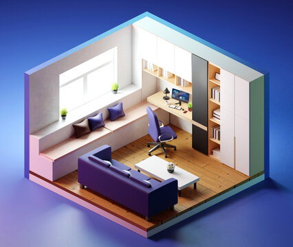 Isometric Home Office With Furniture. 3D Illustration