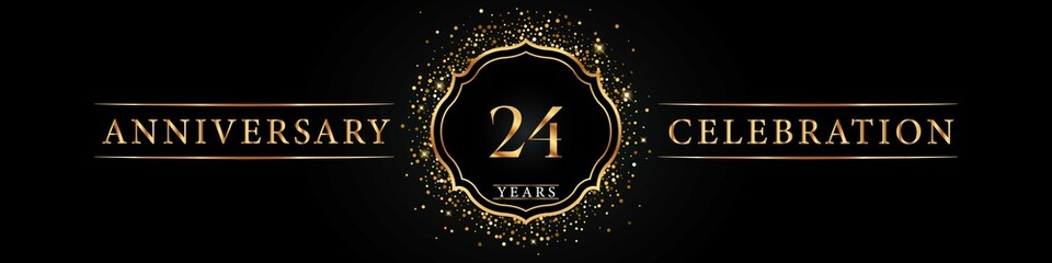 24 years golden anniversary celebration logo. Poster Design for anniversary event party, wedding, birthday party, ceremony, congratulation, greetings and invitation card. Gold Glitter Vector.
