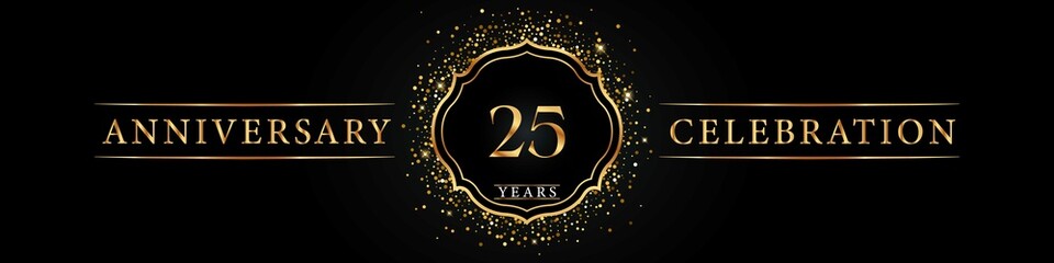 25 years golden anniversary celebration logo. Poster Design for anniversary event party, wedding, birthday party, ceremony, congratulation, greetings and invitation card. Gold Glitter Vector.