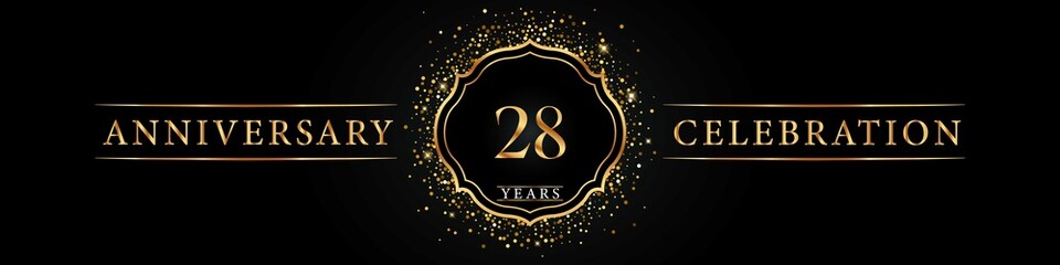 28 years golden anniversary celebration logo. Poster Design for anniversary event party, wedding, birthday party, ceremony, congratulation, greetings and invitation card. Gold Glitter Vector.