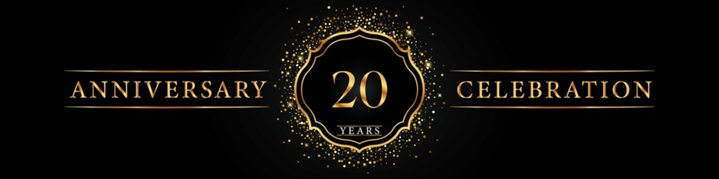 20 years golden anniversary celebration logo. Poster Design for anniversary event party, wedding, birthday party, ceremony, congratulation, greetings and invitation card. Gold Glitter Vector.