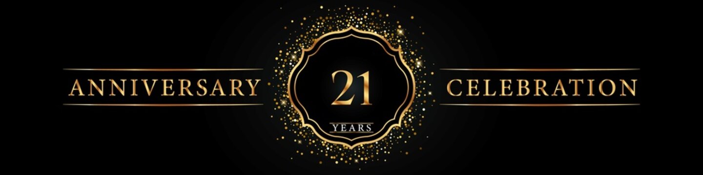 21 years golden anniversary celebration logo. Poster Design for anniversary event party, wedding, birthday party, ceremony, congratulation, greetings and invitation card. Gold Glitter Vector.