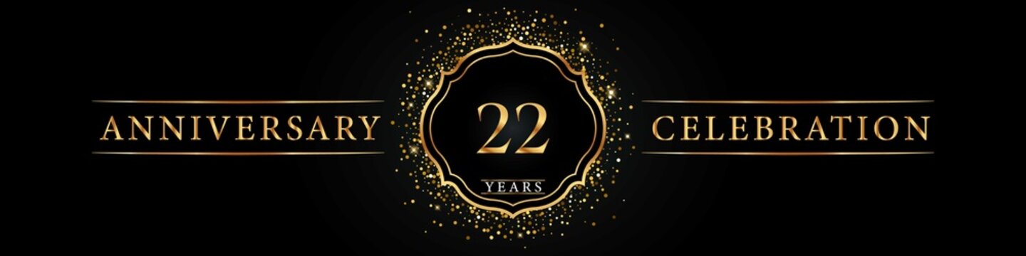 22 years golden anniversary celebration logo. Poster Design for anniversary event party, wedding, birthday party, ceremony, congratulation, greetings and invitation card. Gold Glitter Vector.