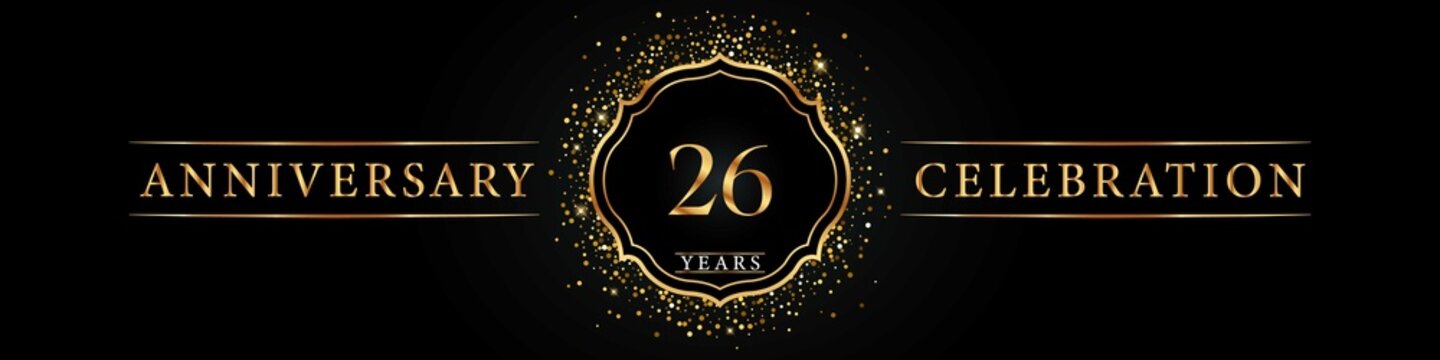 26 years golden anniversary celebration logo. Poster Design for anniversary event party, wedding, birthday party, ceremony, congratulation, greetings and invitation card. Gold Glitter Vector.