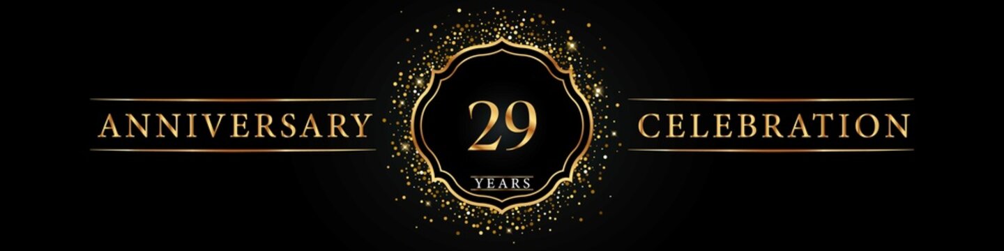 29 years golden anniversary celebration logo. Poster Design for anniversary event party, wedding, birthday party, ceremony, congratulation, greetings and invitation card. Gold Glitter Vector.