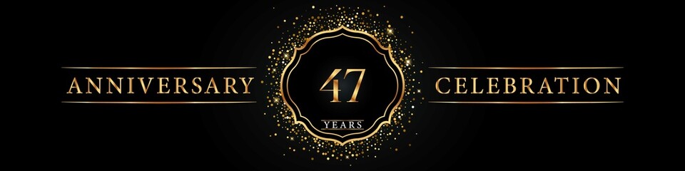 47 years golden anniversary celebration logo. Poster Design for anniversary event party, wedding, birthday party, ceremony, congratulation, greetings and invitation card. Gold Glitter Vector.
