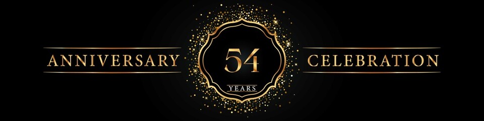 54 years golden anniversary celebration logo. Poster Design for anniversary event party, wedding, birthday party, ceremony, congratulation, greetings and invitation card. Gold Glitter Vector.