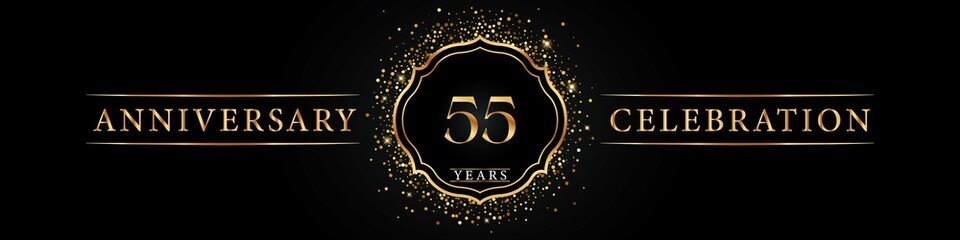 55 years golden anniversary celebration logo. Poster Design for anniversary event party, wedding, birthday party, ceremony, congratulation, greetings and invitation card. Gold Glitter Vector.
