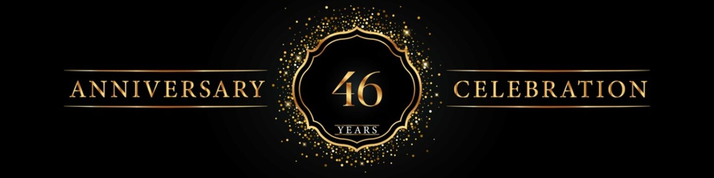 46 years golden anniversary celebration logo. Poster Design for anniversary event party, wedding, birthday party, ceremony, congratulation, greetings and invitation card. Gold Glitter Vector.