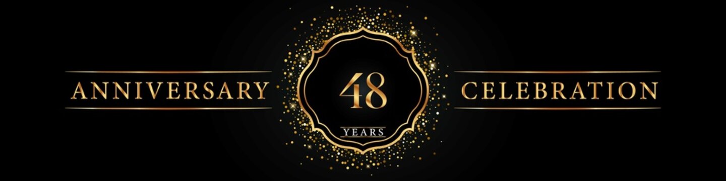48 years golden anniversary celebration logo. Poster Design for anniversary event party, wedding, birthday party, ceremony, congratulation, greetings and invitation card. Gold Glitter Vector.