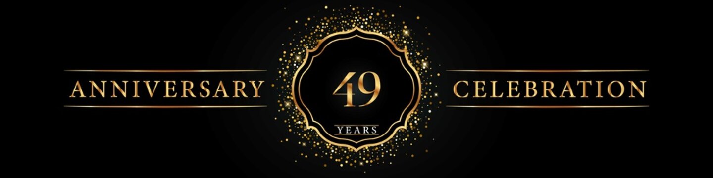 49 years golden anniversary celebration logo. Poster Design for anniversary event party, wedding, birthday party, ceremony, congratulation, greetings and invitation card. Gold Glitter Vector.