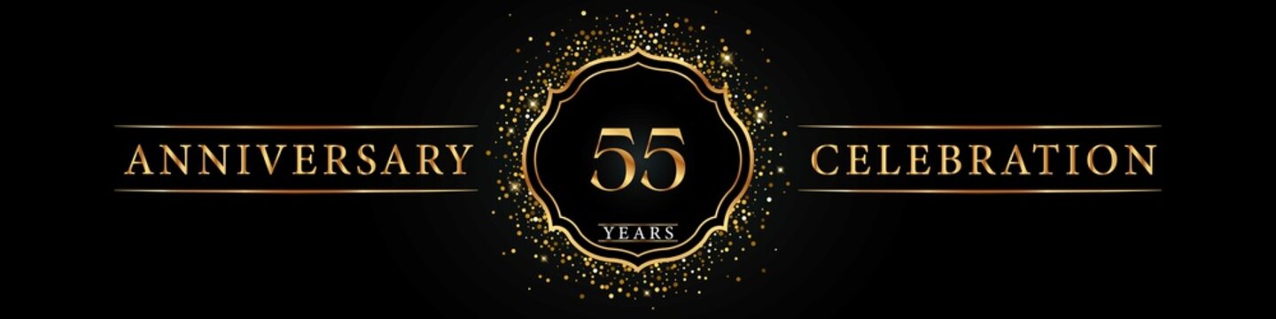 55 years golden anniversary celebration logo. Poster Design for anniversary event party, wedding, birthday party, ceremony, congratulation, greetings and invitation card. Gold Glitter Vector.