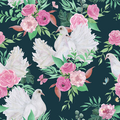 Romantic seamless pattern with gentle rose flowers pigeon birds. Watercolor painting - 512288815