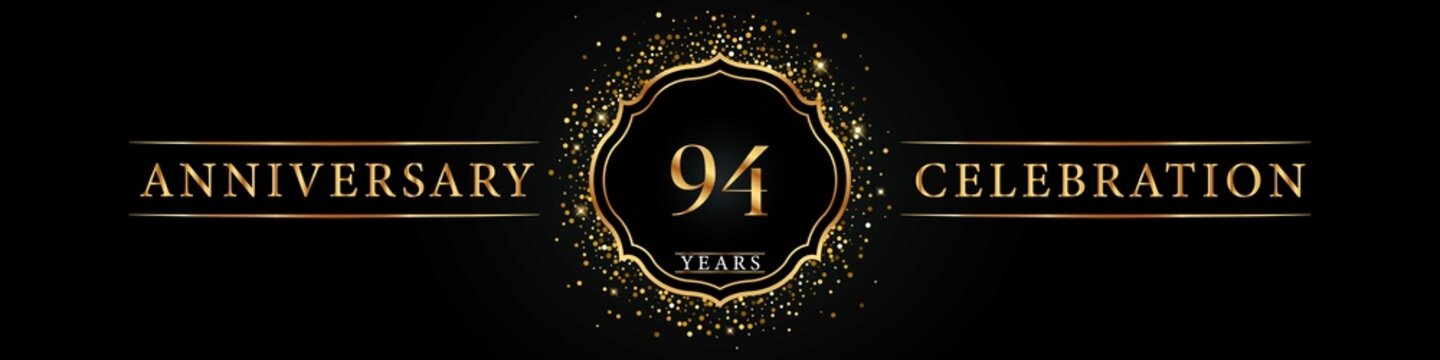 94 years golden anniversary celebration logo. Poster Design for anniversary event party, wedding, birthday party, ceremony, congratulation, greetings and invitation card. Gold Glitter Vector.