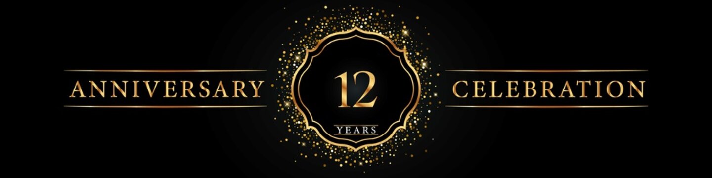 12 years golden anniversary celebration logo. Poster Design for anniversary event party, wedding, birthday party, ceremony, congratulation, greetings and invitation card. Gold Glitter Vector.