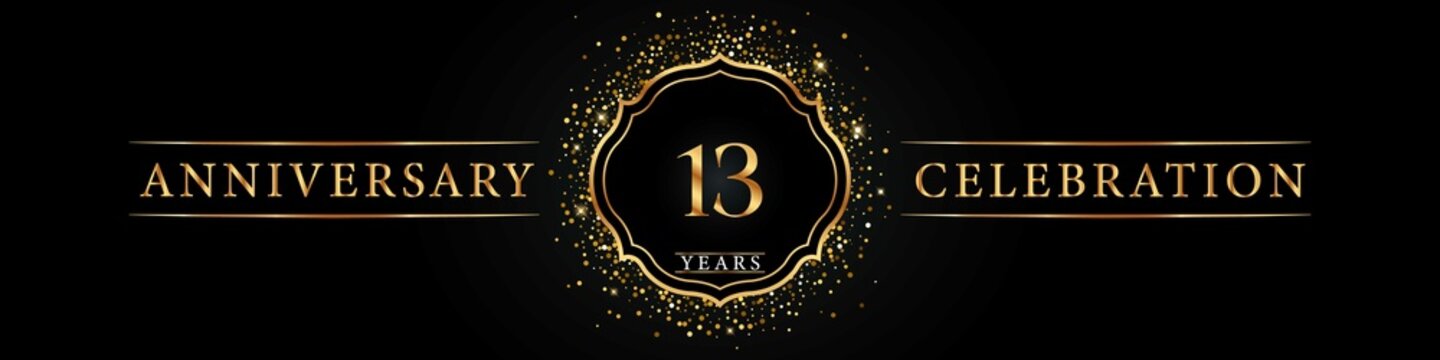 13 years golden anniversary celebration logo. Poster Design for anniversary event party, wedding, birthday party, ceremony, congratulation, greetings and invitation card. Gold Glitter Vector.