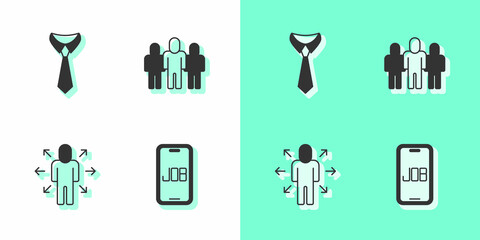 Set Search job, Tie, Multitasking manager working and Project team base icon. Vector