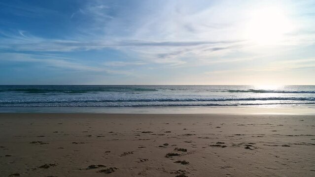 softwave and sand on beach and blue summer sky. Panoramic beach landscape. Empty tropical beach and seascape. soft sand, calmness, tranquil relaxing sunlight, summer mood banner cover background.
