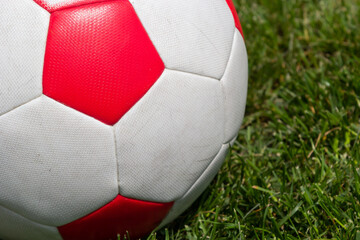 Fototapeta na wymiar Soccer ball on green grass of football field with copy space