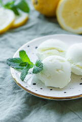 Homemade citrus lemon ice cream with mint