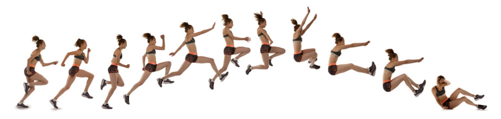 Development of movements. Collage made of images of professional female athlete in sports uniform...