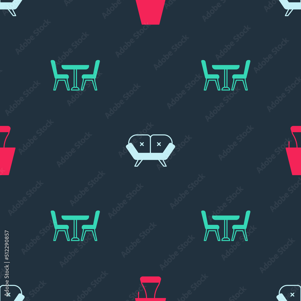Poster set table lamp, sofa and with chair on seamless pattern. vector
