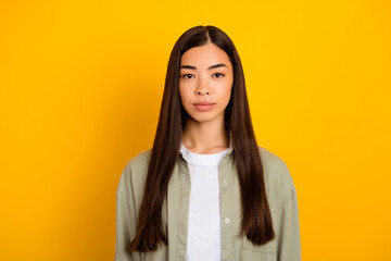 Fototapeta premium Photo of young good looking clever business lady own modern it company isolated on yellow color background