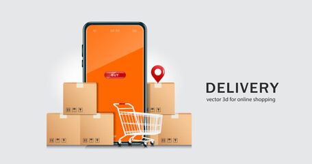 The parcel box is placed in front and behind the smartphone and a shopping cart is placed in the front,vector 3d isolated on white background for delivery and online shopping concept design