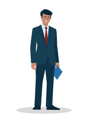 Business people. A man in a business suit with a folder. Office staff, worker, student, schoolboy. Vector image.