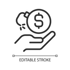 Loss of money pixel perfect linear icon. Financial risk. Bankruptcy case. Dealing with debt. Thin line illustration. Contour symbol. Vector outline drawing. Editable stroke. Arial font used