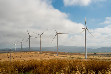 Windmills or wind turbines in agricultural fields of Cadiz, Spain