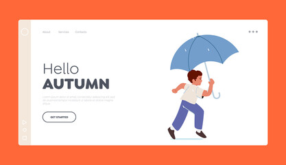 Hello Autumn Landing Page Template. Baby Boy Run with Umbrella in Hand. Little Male Character Go at Rainy Weather