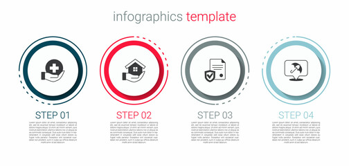 Set Life insurance, House hand, Contract with shield and Umbrella. Business infographic template. Vector